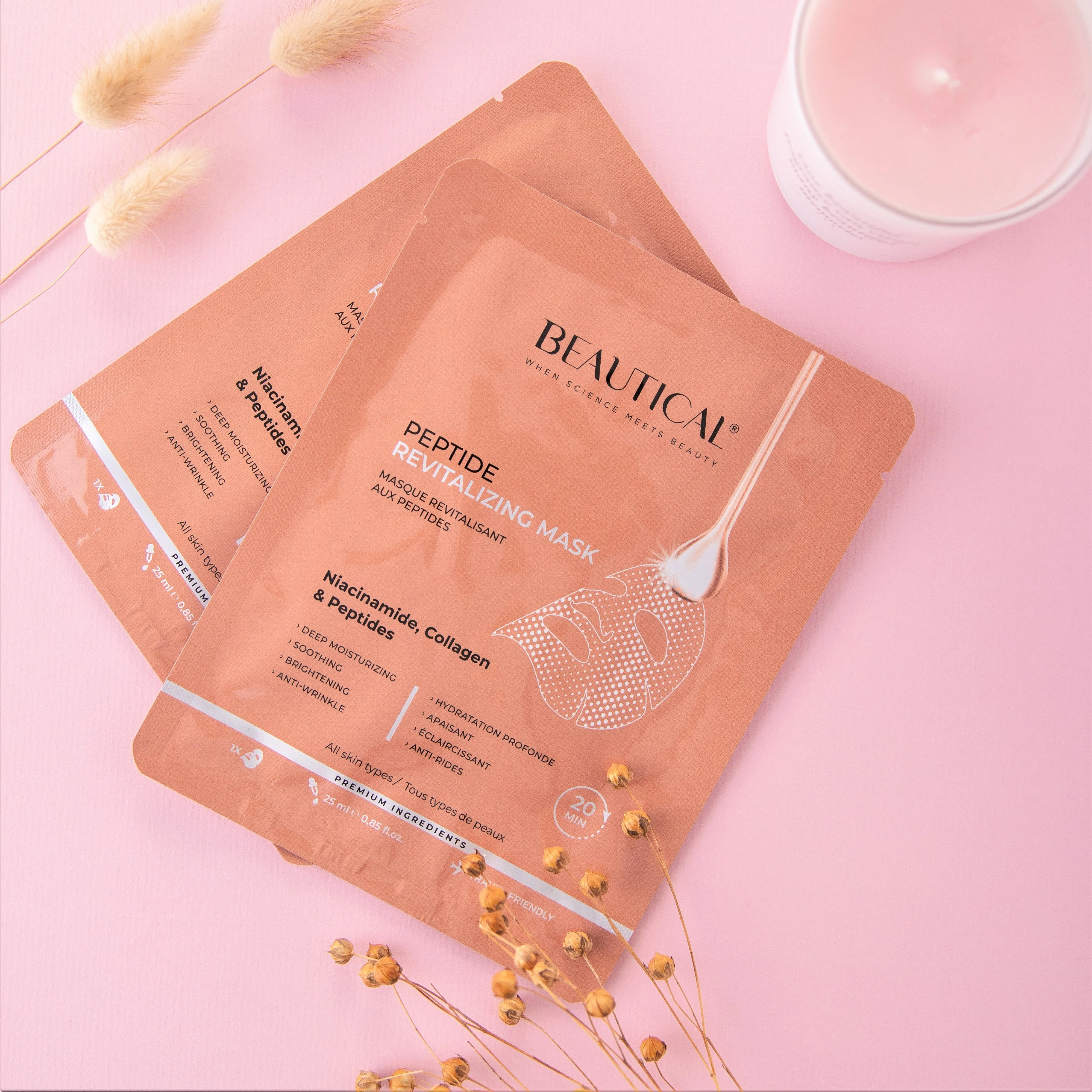 BEAUTICAL Peptide Revitalizing Mask - Brightening, moisturizing, anti wrinkle, soothing - Face Mask - Peptides, Niacinamide, Hyaluronic Acid, Collagen