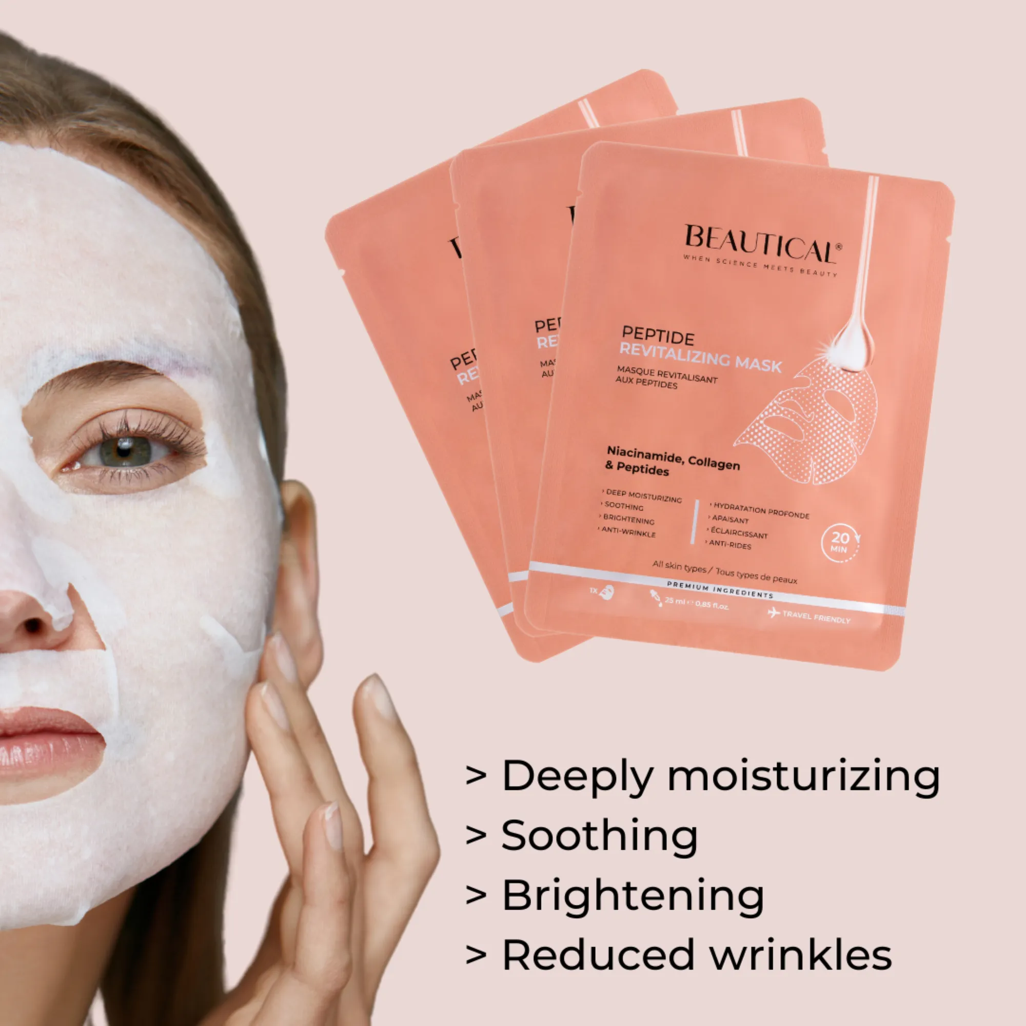 BEAUTICAL Peptide Revitalizing Mask - Brightening, moisturizing, anti wrinkle, soothing - Face Mask - Peptides, Niacinamide, Hyaluronic Acid, Collagen