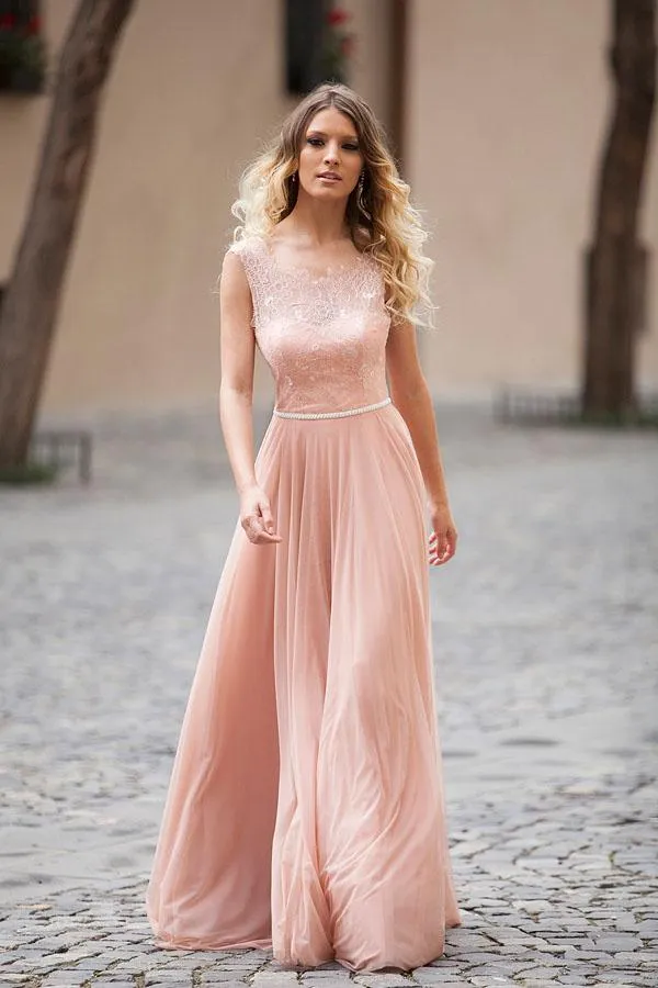 Blush Pink Lace Chiffon Sleeveless Illusion Backless Elegant A-Line Long Prom Dresses WK280