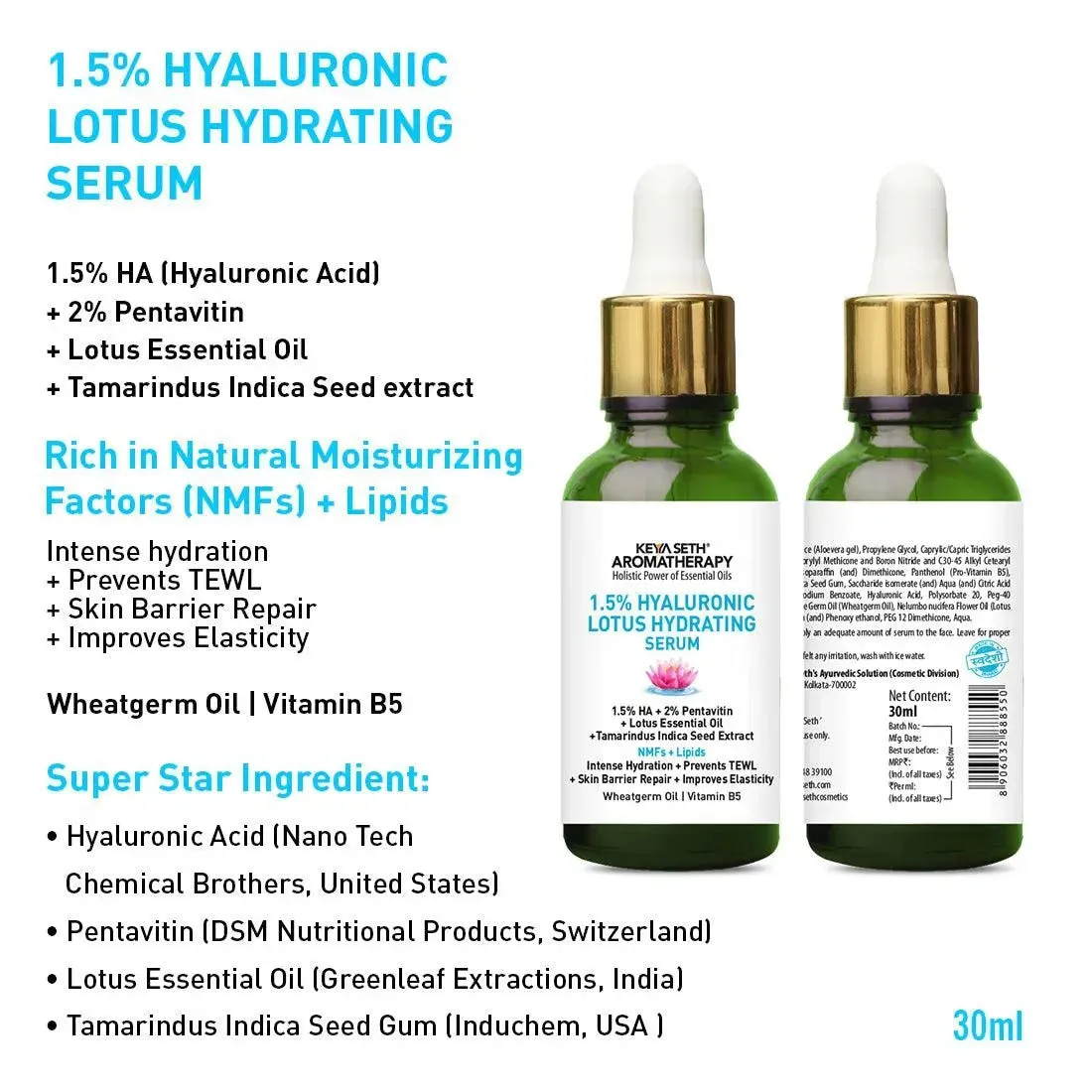 Complete Hydrating & Plumping Kit: Hyaluronic Lotus Face Wash, 1.5% Serum, Gel Moisturizer with 2% Pentavitin   Parsol HS, SPF 30    Sunscreen for Intense Hydration & Skin Barrier Repair