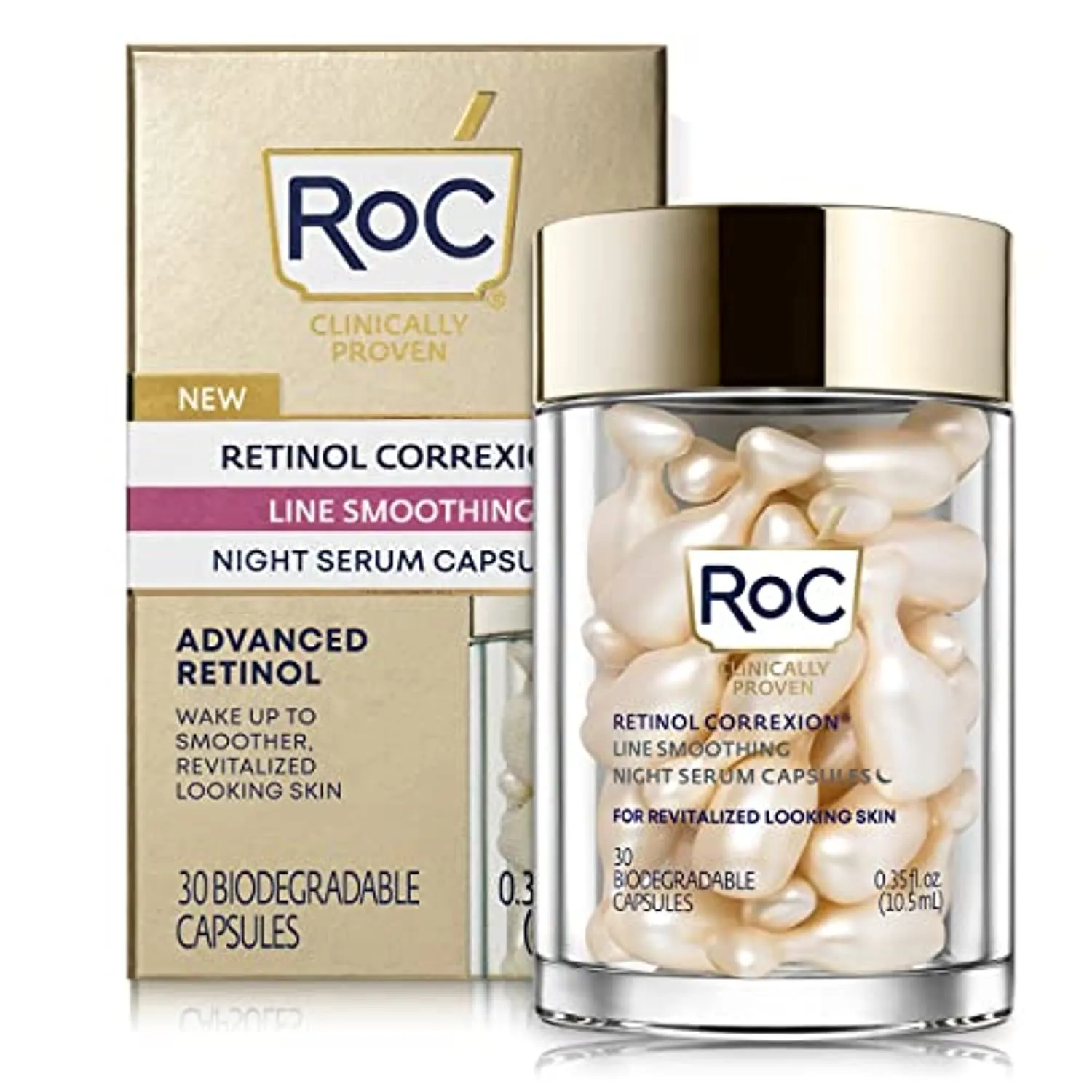 RoC Retinol Correxion Anti-Aging Wrinkle Night Serum, Daily Line Smoothing Skin Care Treatment, 30 Individual Capsules, Unscented, 0.35 Fl Oz