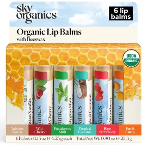 Sky Organics Organic Lip Balm with Beeswax and a Rich Nourishing Blend of Plant Oils, Moisturizing Lips Balms to Lock In Moisture and Keep Lips Feeling Soft and Smooth, Six Assorted Flavors, 6pk.